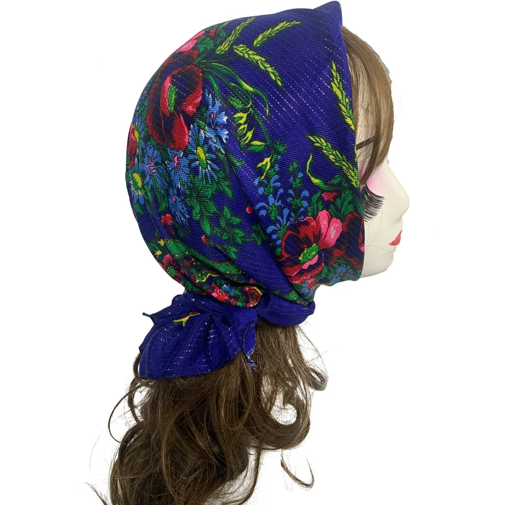 70cm Gold Thread Floral Printed Russian Scarf Ukrainian Shawl Babushka Square Bandana Female Head Wrap Scarf