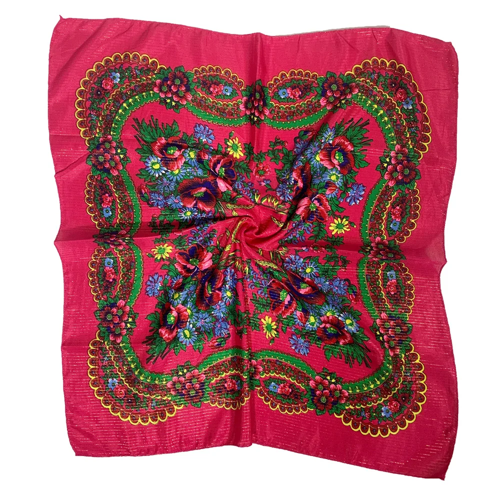 70cm Gold Thread Floral Printed Russian Scarf Ukrainian Shawl Babushka Square Bandana Female Head Wrap Scarf