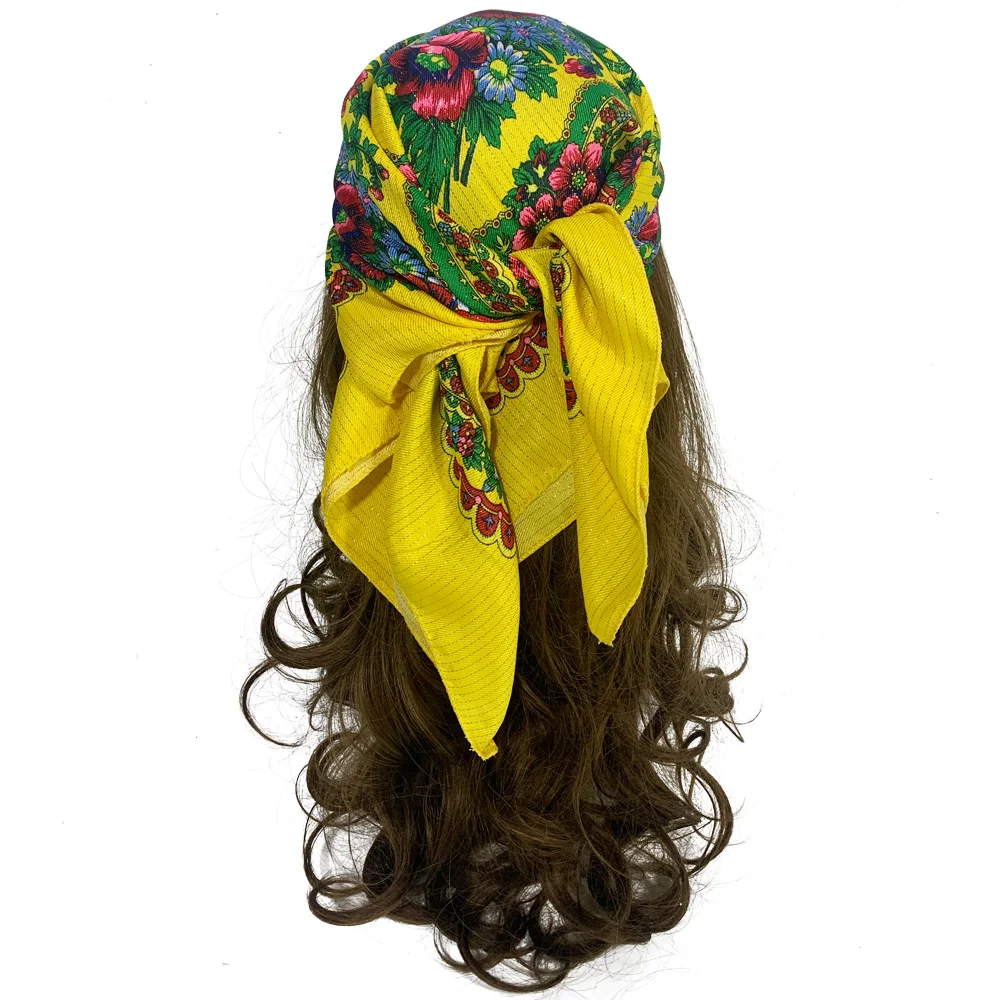 70cm Gold Thread Floral Printed Russian Scarf Ukrainian Shawl Babushka Square Bandana Female Head Wrap Scarf