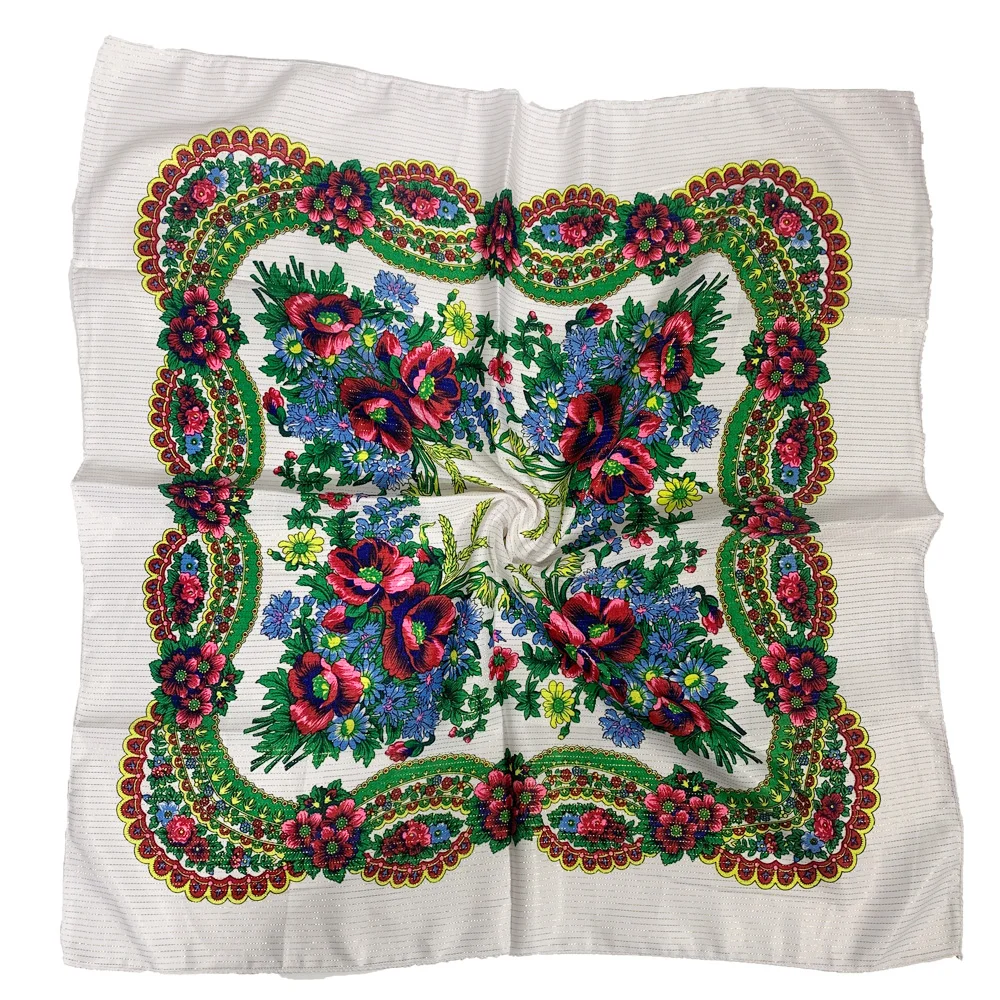70cm Gold Thread Floral Printed Russian Scarf Ukrainian Shawl Babushka Square Bandana Female Head Wrap Scarf