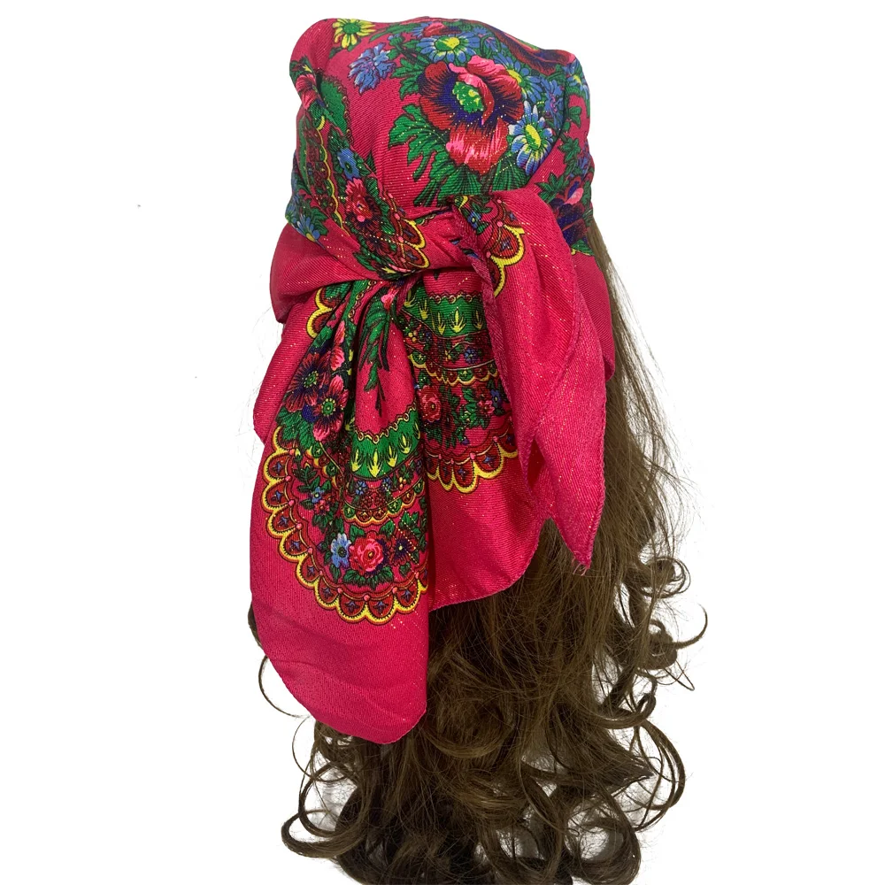 70cm Gold Thread Floral Printed Russian Scarf Ukrainian Shawl Babushka Square Bandana Female Head Wrap Scarf