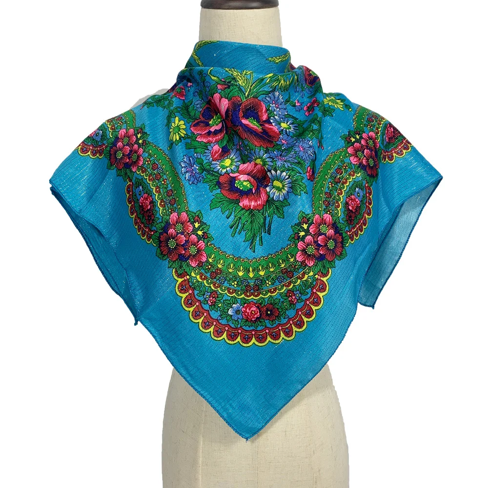70cm Gold Thread Floral Printed Russian Scarf Ukrainian Shawl Babushka Square Bandana Female Head Wrap Scarf