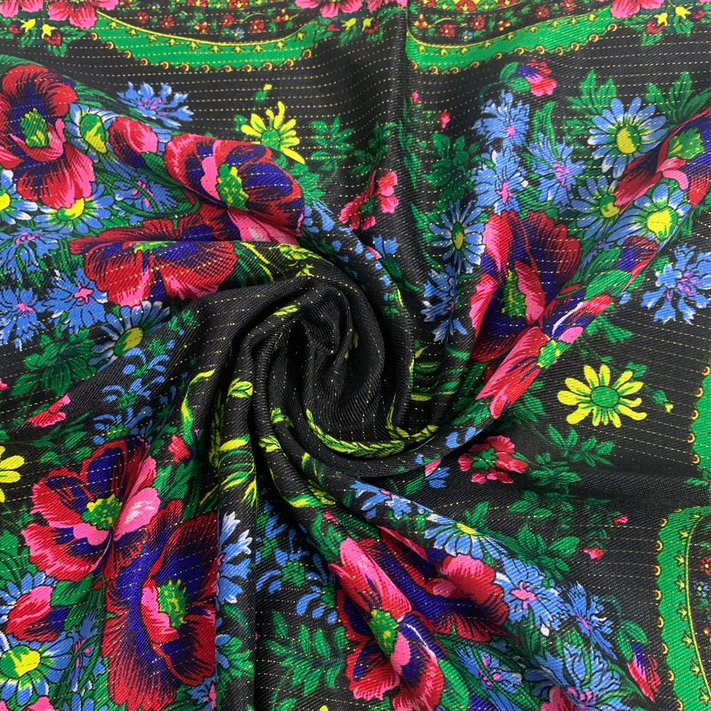 70cm Gold Thread Floral Printed Russian Scarf Ukrainian Shawl Babushka Square Bandana Female Head Wrap Scarf