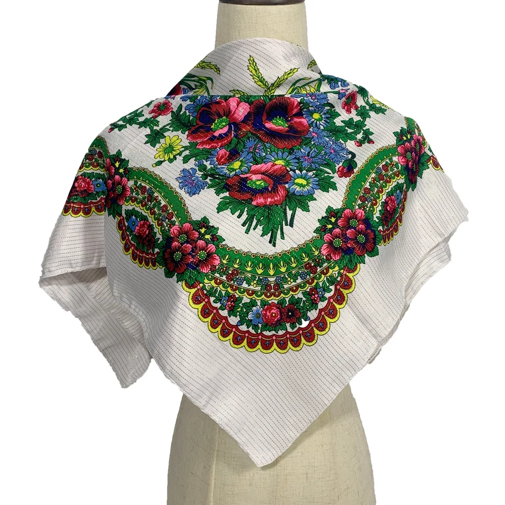 70cm Gold Thread Floral Printed Russian Scarf Ukrainian Shawl Babushka Square Bandana Female Head Wrap Scarf
