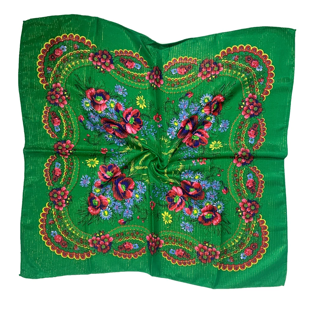 70cm Gold Thread Floral Printed Russian Scarf Ukrainian Shawl Babushka Square Bandana Female Head Wrap Scarf