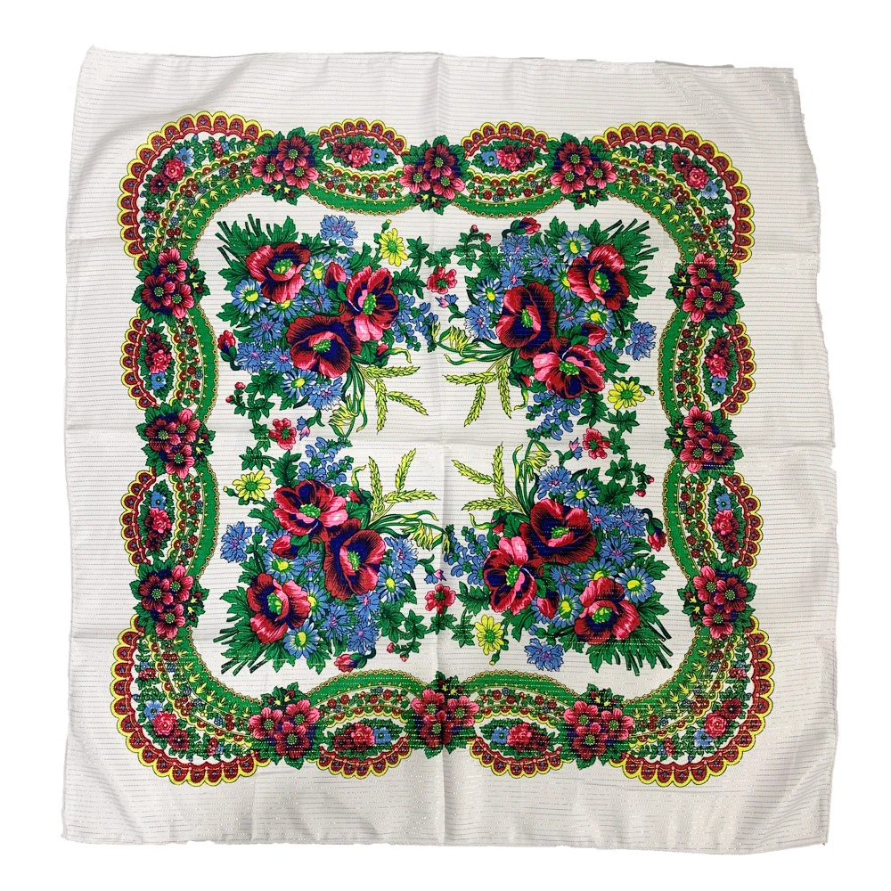 70cm Gold Thread Floral Printed Russian Scarf Ukrainian Shawl Babushka Square Bandana Female Head Wrap Scarf