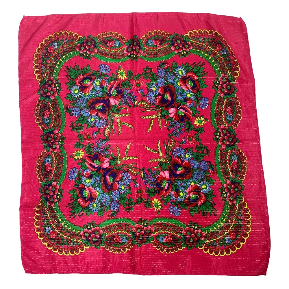 70cm Gold Thread Floral Printed Russian Scarf Ukrainian Shawl Babushka Square Bandana Female Head Wrap Scarf