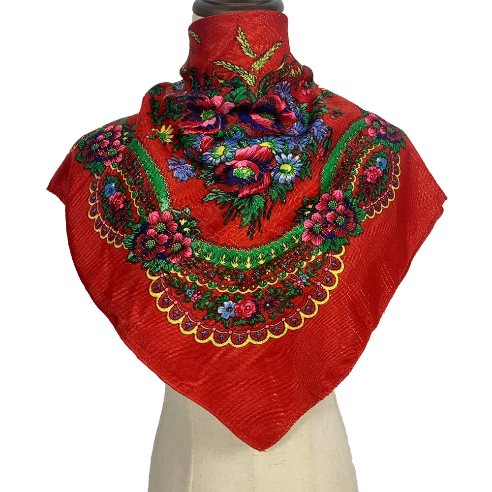 70cm Gold Thread Floral Printed Russian Scarf Ukrainian Shawl Babushka Square Bandana Female Head Wrap Scarf