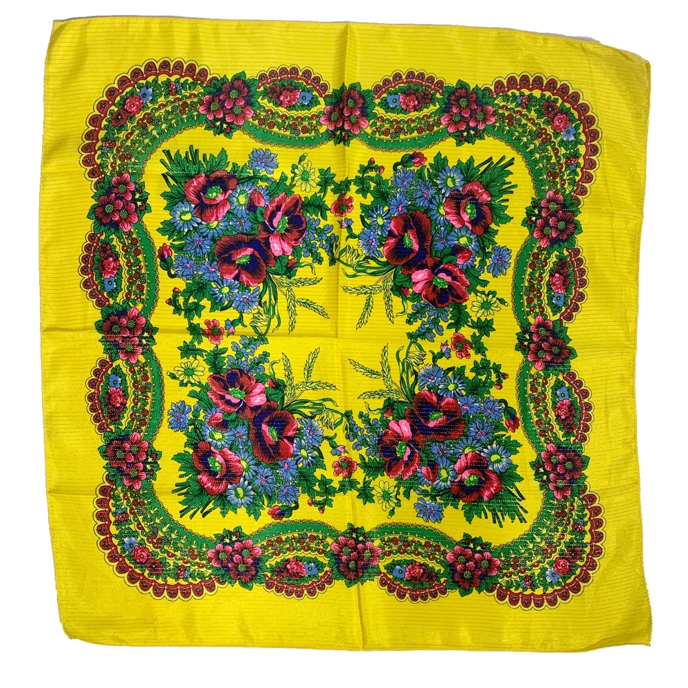 70cm Gold Thread Floral Printed Russian Scarf Ukrainian Shawl Babushka Square Bandana Female Head Wrap Scarf