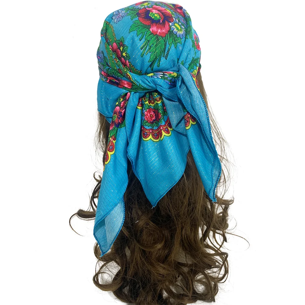 70cm Gold Thread Floral Printed Russian Scarf Ukrainian Shawl Babushka Square Bandana Female Head Wrap Scarf