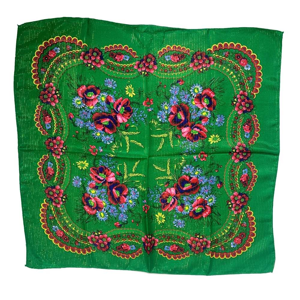 70cm Gold Thread Floral Printed Russian Scarf Ukrainian Shawl Babushka Square Bandana Female Head Wrap Scarf