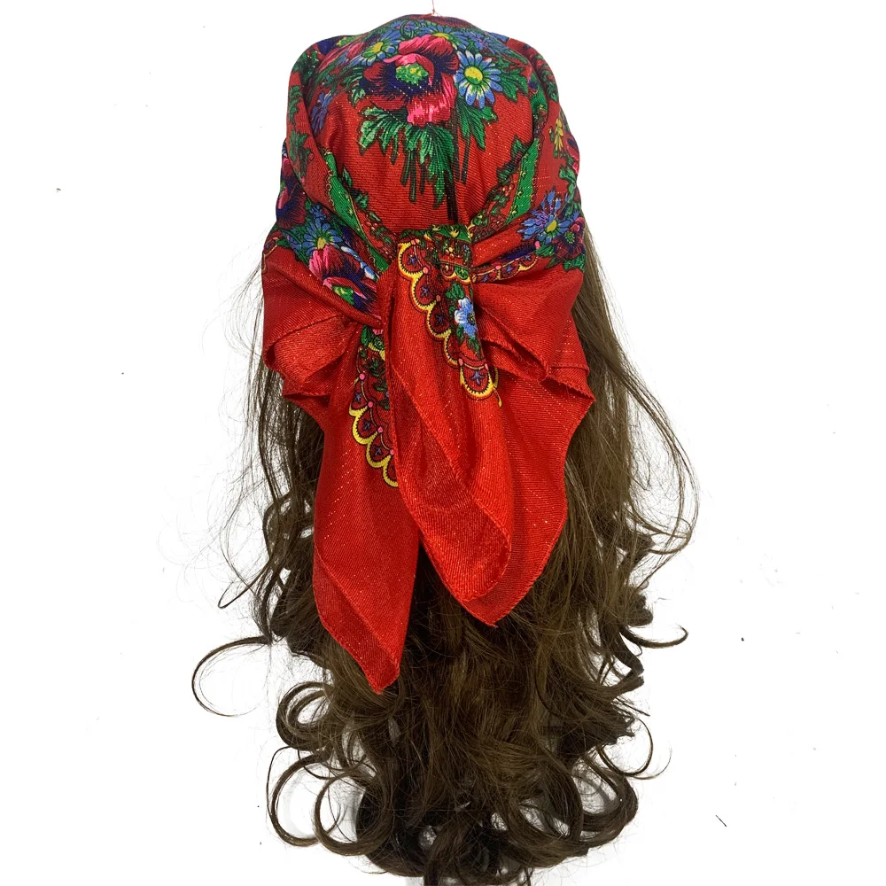 70cm Gold Thread Floral Printed Russian Scarf Ukrainian Shawl Babushka Square Bandana Female Head Wrap Scarf