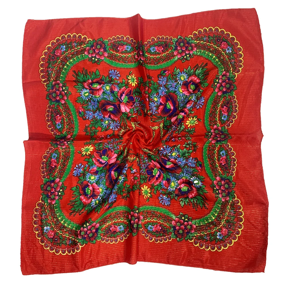 70cm Gold Thread Floral Printed Russian Scarf Ukrainian Shawl Babushka Square Bandana Female Head Wrap Scarf