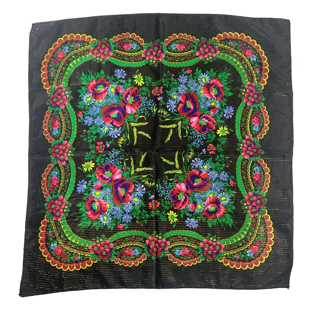 70cm Gold Thread Floral Printed Russian Scarf Ukrainian Shawl Babushka Square Bandana Female Head Wrap Scarf