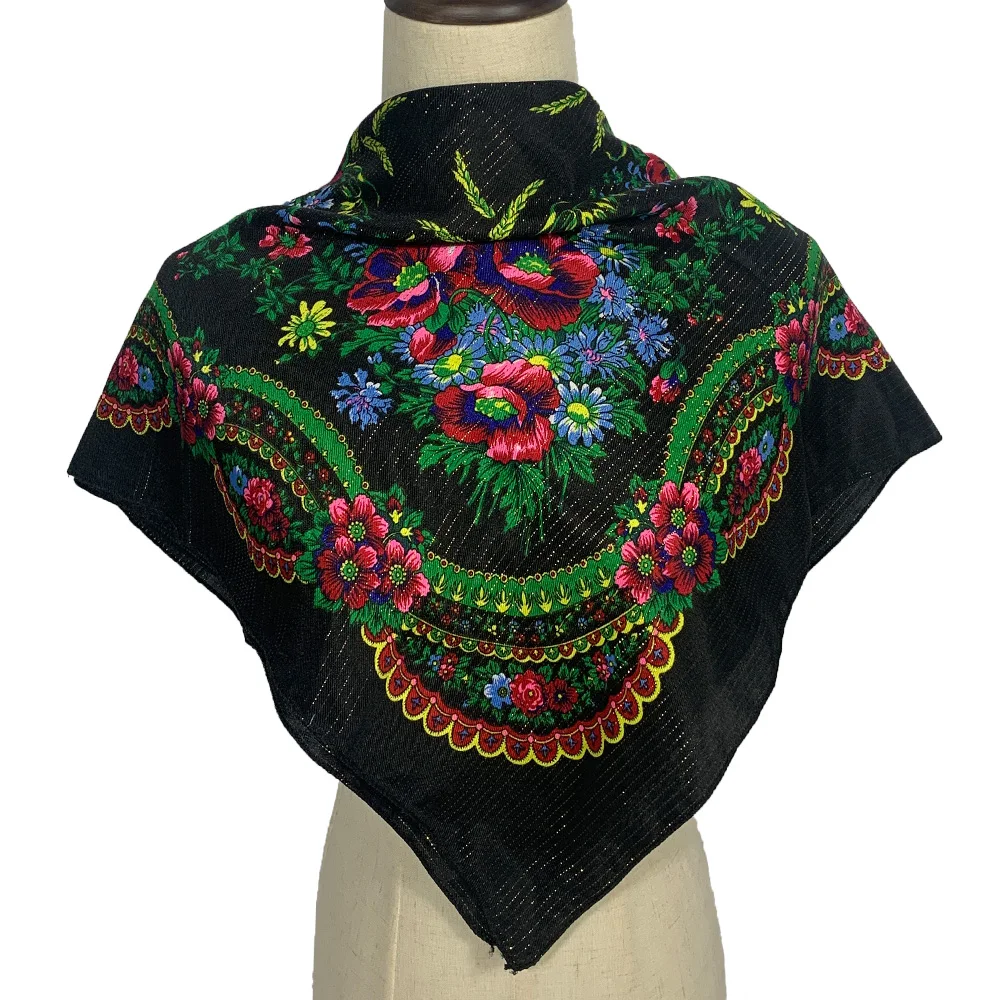 70cm Gold Thread Floral Printed Russian Scarf Ukrainian Shawl Babushka Square Bandana Female Head Wrap Scarf