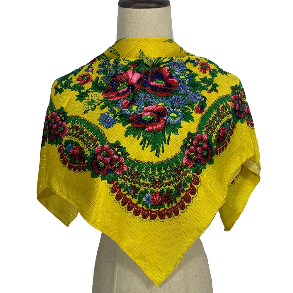 70cm Gold Thread Floral Printed Russian Scarf Ukrainian Shawl Babushka Square Bandana Female Head Wrap Scarf