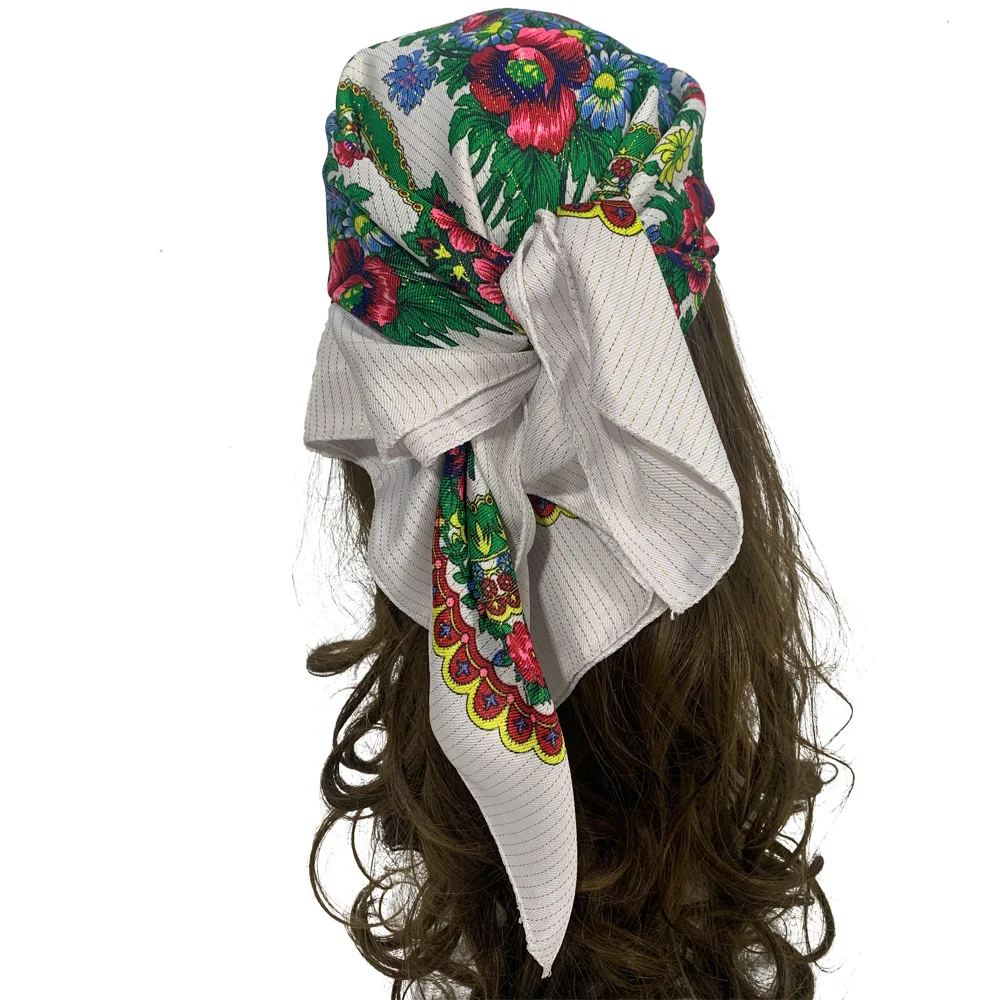 70cm Gold Thread Floral Printed Russian Scarf Ukrainian Shawl Babushka Square Bandana Female Head Wrap Scarf