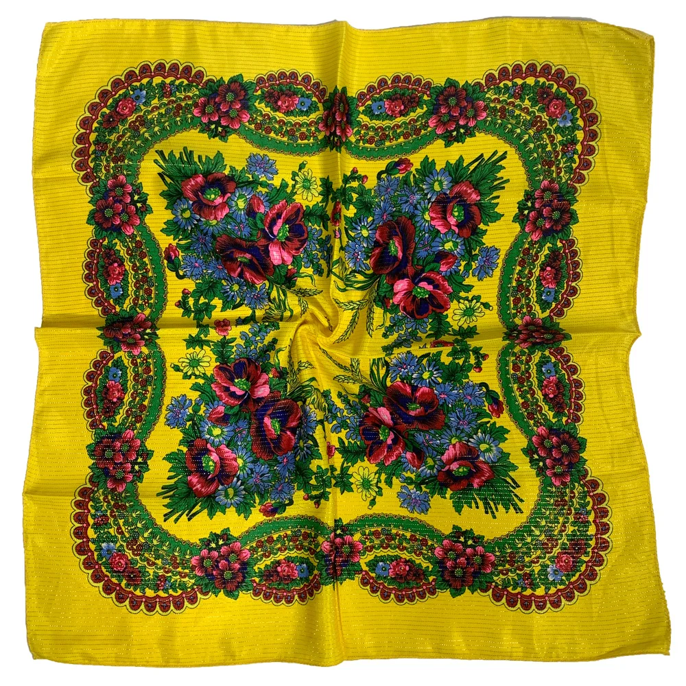 70cm Gold Thread Floral Printed Russian Scarf Ukrainian Shawl Babushka Square Bandana Female Head Wrap Scarf