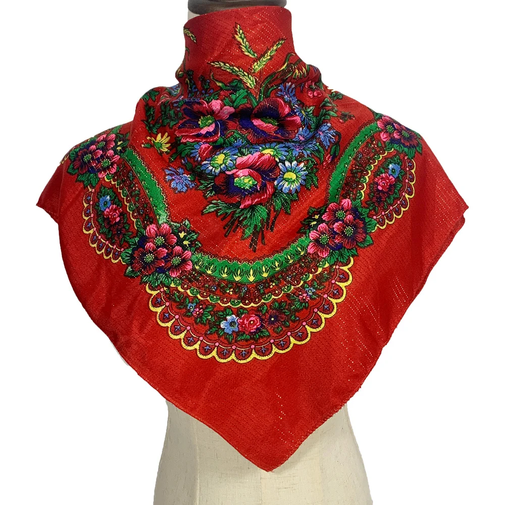 70cm Gold Thread Floral Printed Russian Scarf Ukrainian Shawl Babushka Square Bandana Female Head Wrap Scarf