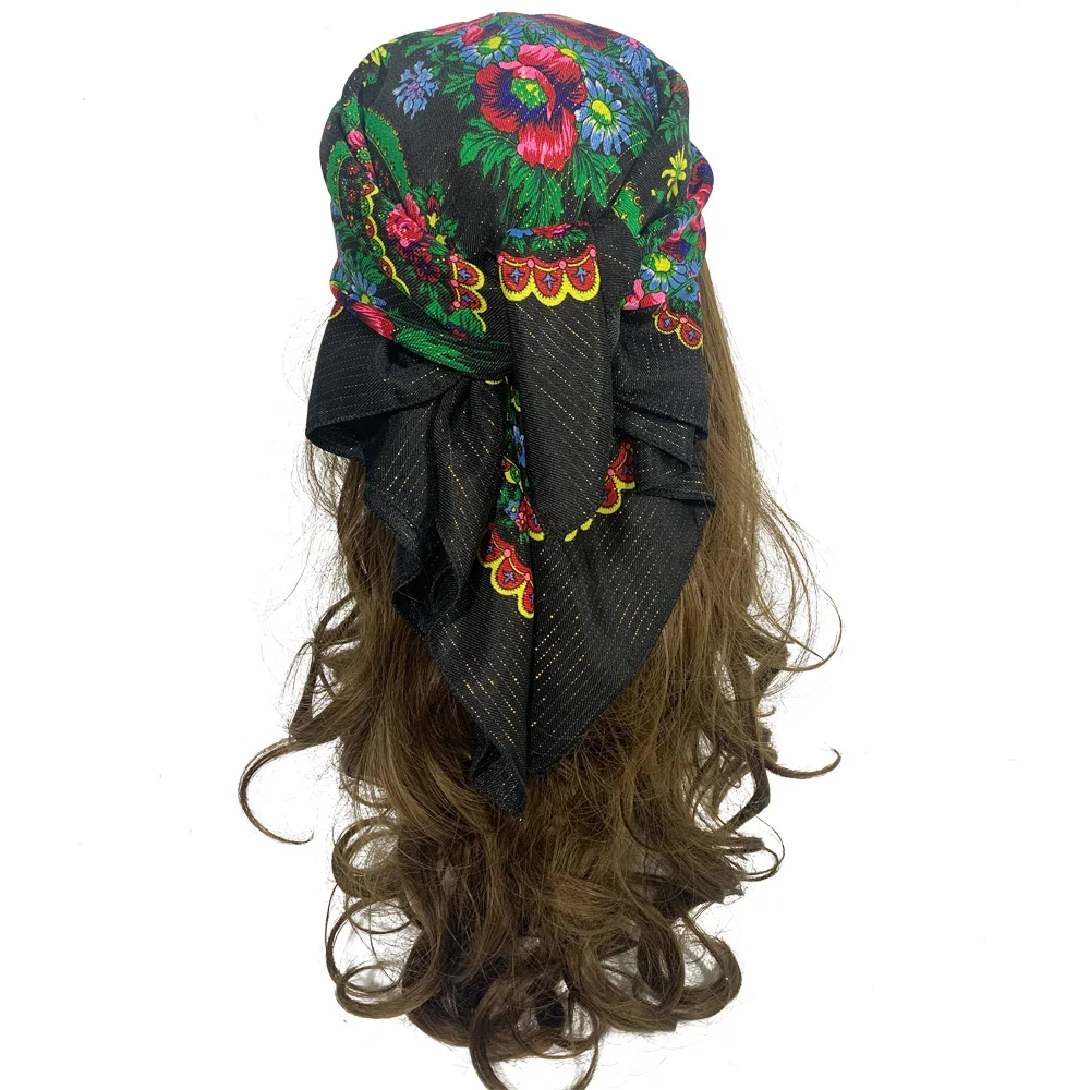 70cm Gold Thread Floral Printed Russian Scarf Ukrainian Shawl Babushka Square Bandana Female Head Wrap Scarf