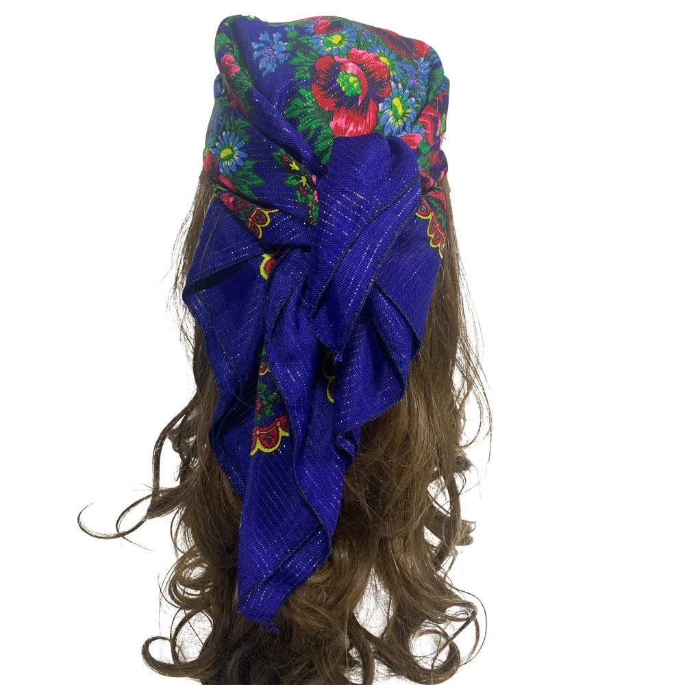 70cm Gold Thread Floral Printed Russian Scarf Ukrainian Shawl Babushka Square Bandana Female Head Wrap Scarf