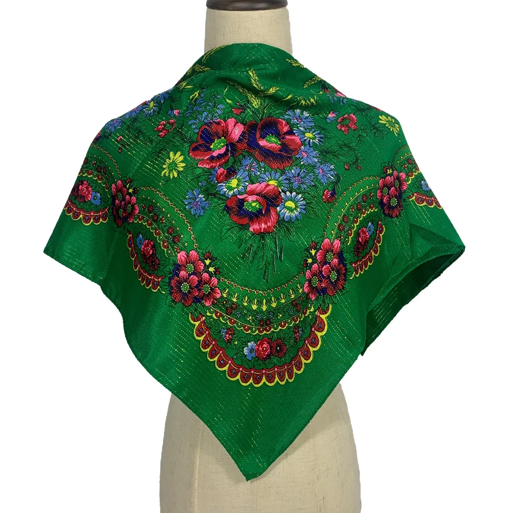 70cm Gold Thread Floral Printed Russian Scarf Ukrainian Shawl Babushka Square Bandana Female Head Wrap Scarf