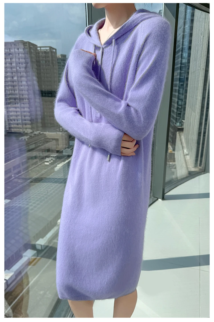 New women's hooded dress long sleeved knitted fashionable elegan sweater solid color pullover women's 100% mink cashmere dress