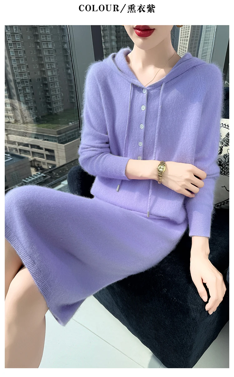 New women's hooded dress long sleeved knitted fashionable elegan sweater solid color pullover women's 100% mink cashmere dress