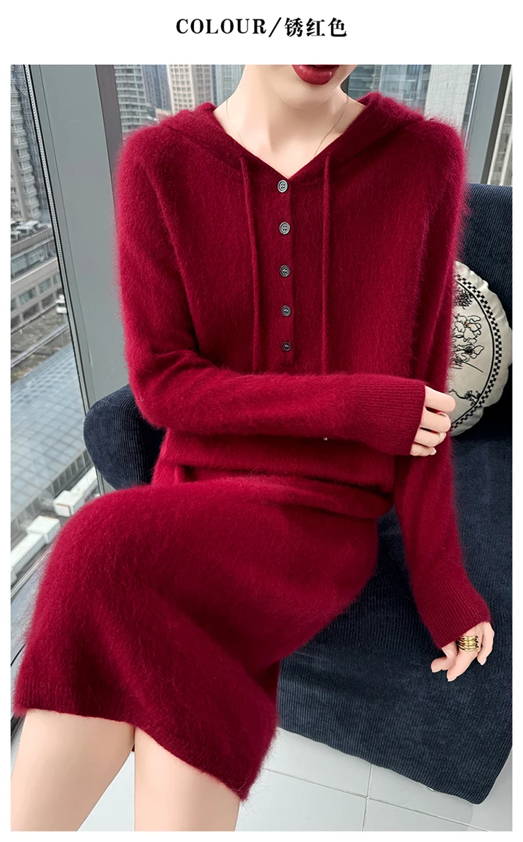 New women's hooded dress long sleeved knitted fashionable elegan sweater solid color pullover women's 100% mink cashmere dress