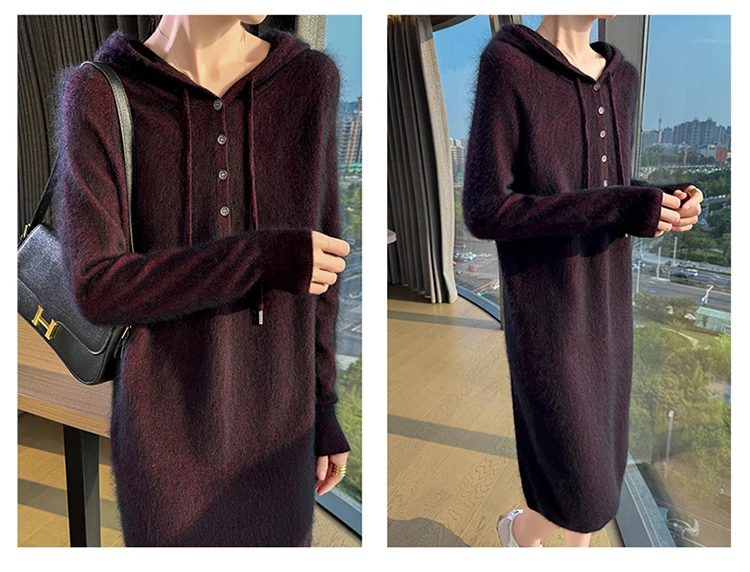 New women's hooded dress long sleeved knitted fashionable elegan sweater solid color pullover women's 100% mink cashmere dress