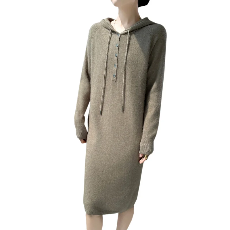 New women's hooded dress long sleeved knitted fashionable elegan sweater solid color pullover women's 100% mink cashmere dress