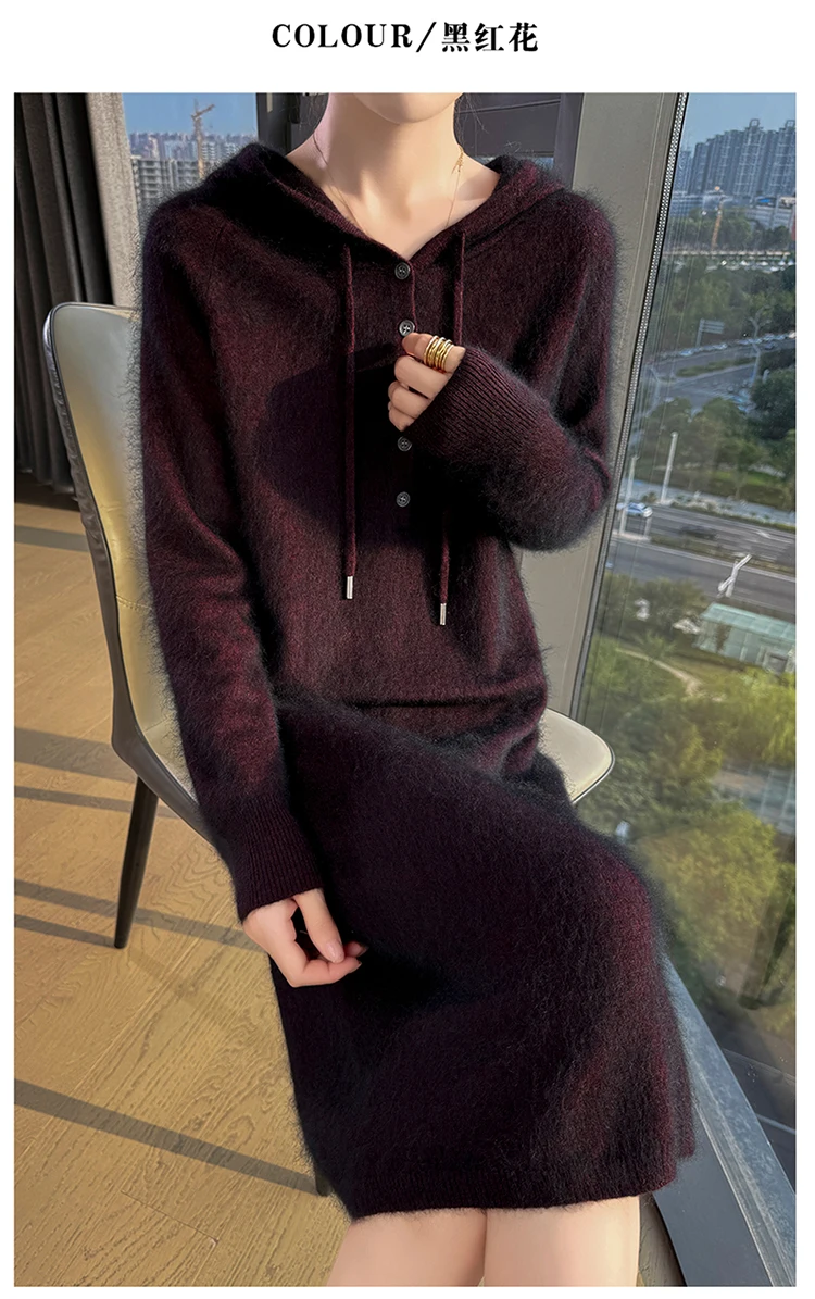 New women's hooded dress long sleeved knitted fashionable elegan sweater solid color pullover women's 100% mink cashmere dress