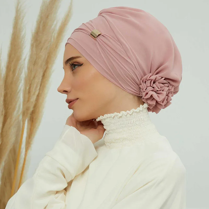 Plain Muslim Instant Turban Hat Inner Hijabs Caps Women Islamic Bandana Bonnet India Hats Female Headwrap Turbante Mujer Flower