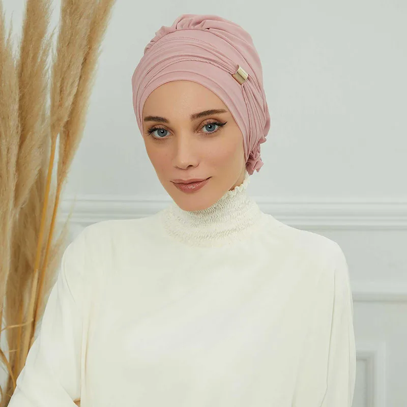 Plain Muslim Instant Turban Hat Inner Hijabs Caps Women Islamic Bandana Bonnet India Hats Female Headwrap Turbante Mujer Flower