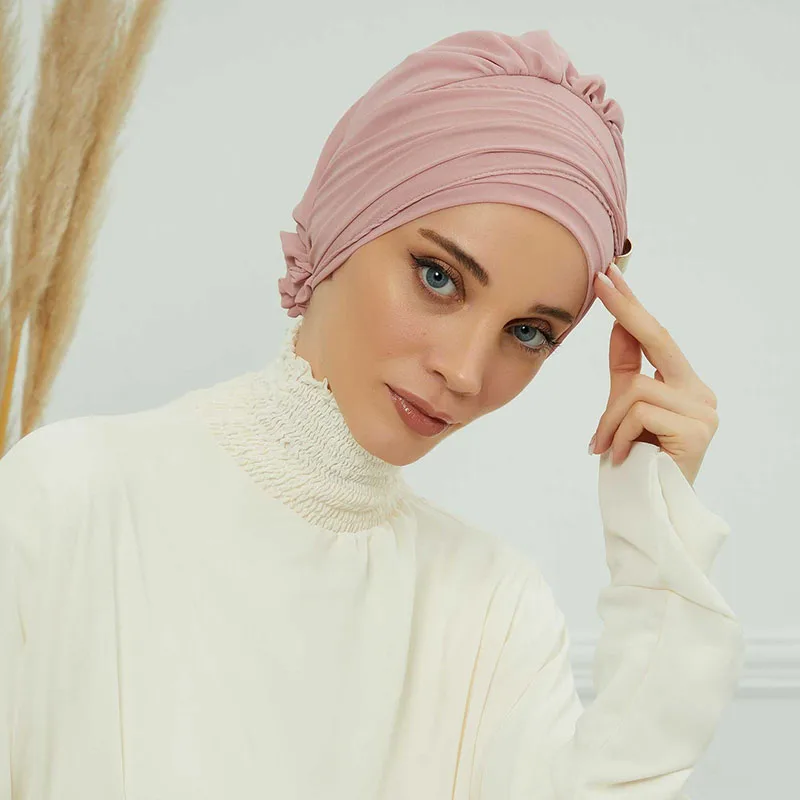 Plain Muslim Instant Turban Hat Inner Hijabs Caps Women Islamic Bandana Bonnet India Hats Female Headwrap Turbante Mujer Flower