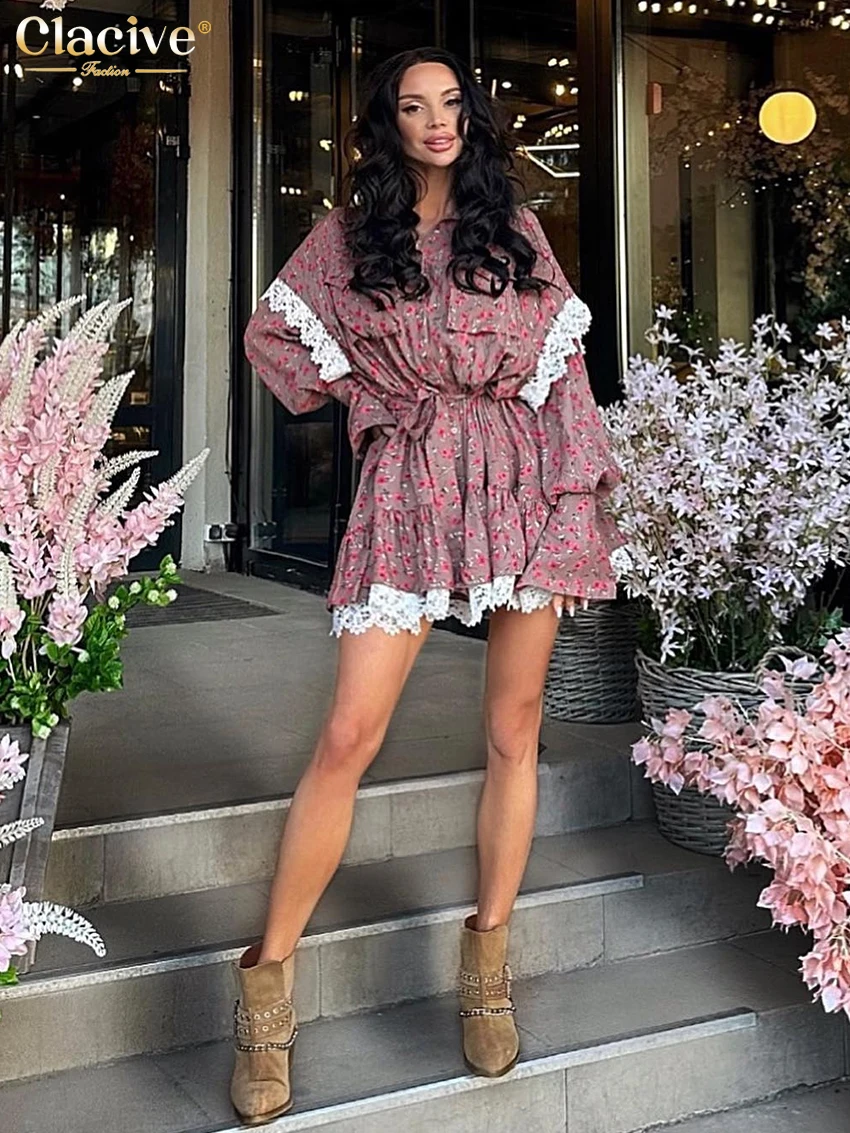 Clacive Fashion Loose Print Women Dress Elegant Lace-Up Long Sleeve Office Mini Dresses Casual Lace Spliced Pleated Female Dress