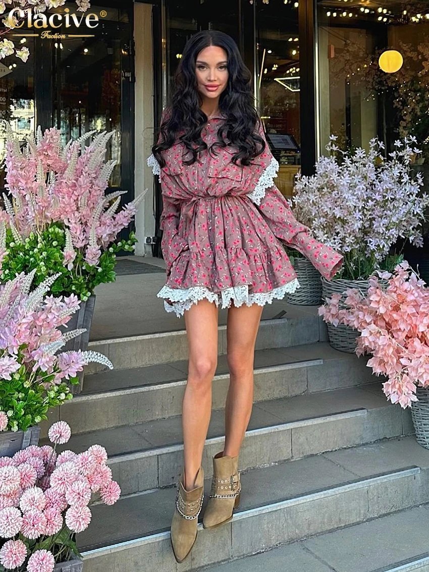 Clacive Fashion Loose Print Women Dress Elegant Lace-Up Long Sleeve Office Mini Dresses Casual Lace Spliced Pleated Female Dress