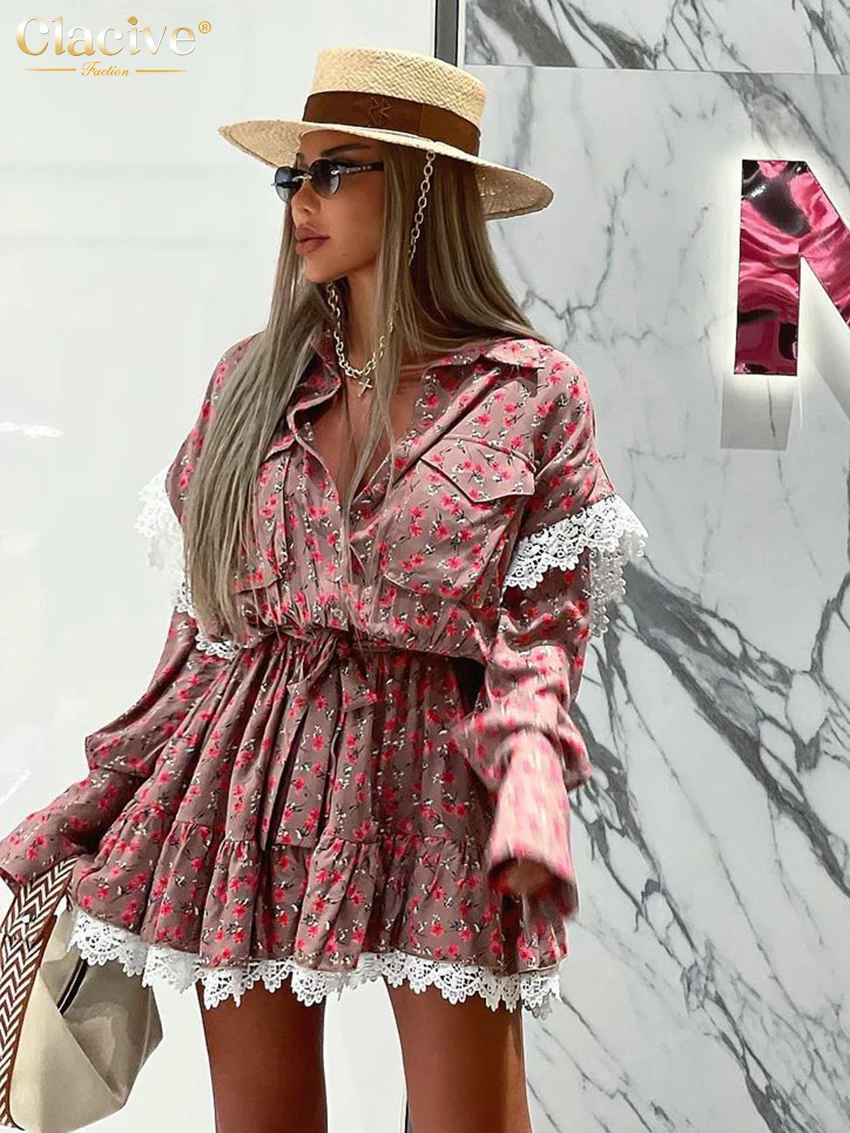 Clacive Fashion Loose Print Women Dress Elegant Lace-Up Long Sleeve Office Mini Dresses Casual Lace Spliced Pleated Female Dress