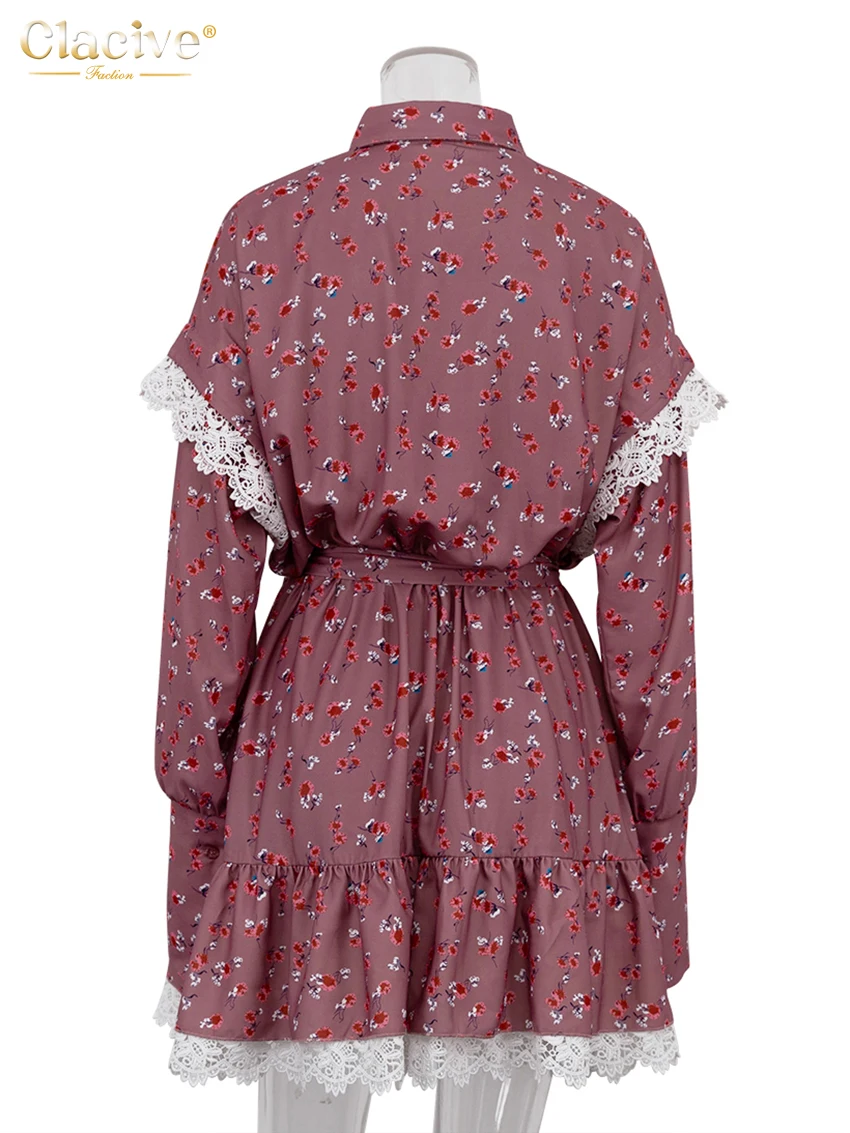 Clacive Fashion Loose Print Women Dress Elegant Lace-Up Long Sleeve Office Mini Dresses Casual Lace Spliced Pleated Female Dress