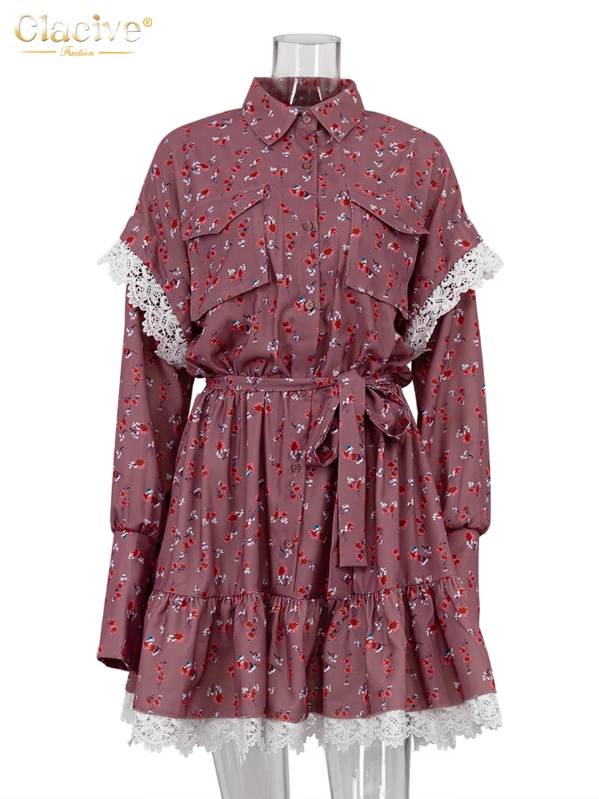 Clacive Fashion Loose Print Women Dress Elegant Lace-Up Long Sleeve Office Mini Dresses Casual Lace Spliced Pleated Female Dress