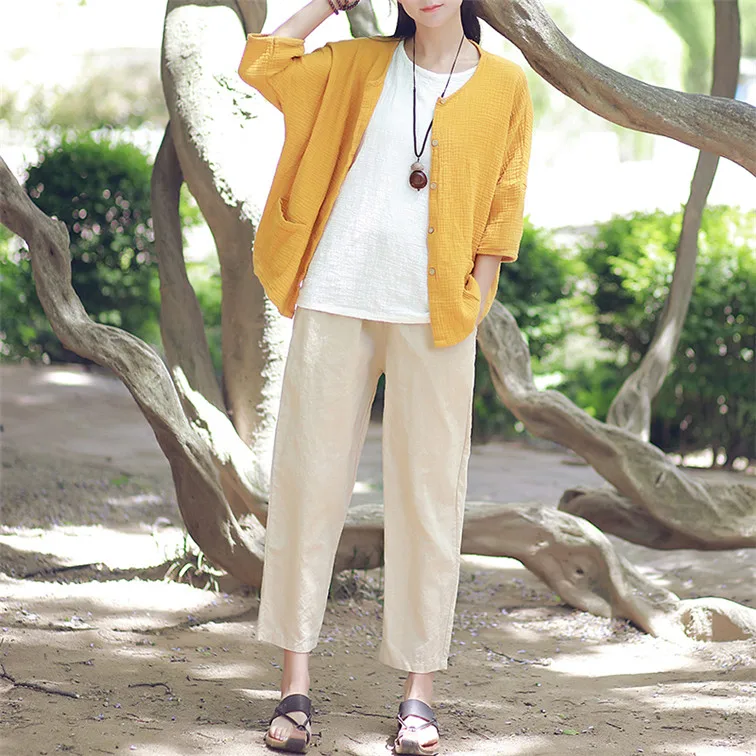 Women Casual Three Quarter Sleeve Cotton Linen Loose Blouse Spring Summer Vintage Shirt Tops Cardigan Camisas Ropa Mujer