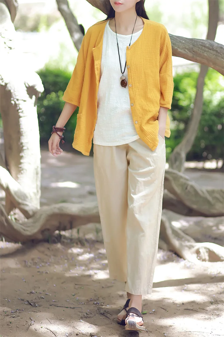 Women Casual Three Quarter Sleeve Cotton Linen Loose Blouse Spring Summer Vintage Shirt Tops Cardigan Camisas Ropa Mujer