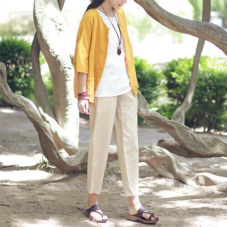 Women Casual Three Quarter Sleeve Cotton Linen Loose Blouse Spring Summer Vintage Shirt Tops Cardigan Camisas Ropa Mujer