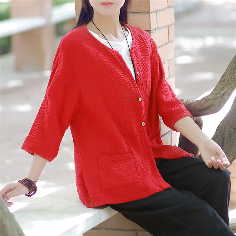 Women Casual Three Quarter Sleeve Cotton Linen Loose Blouse Spring Summer Vintage Shirt Tops Cardigan Camisas Ropa Mujer