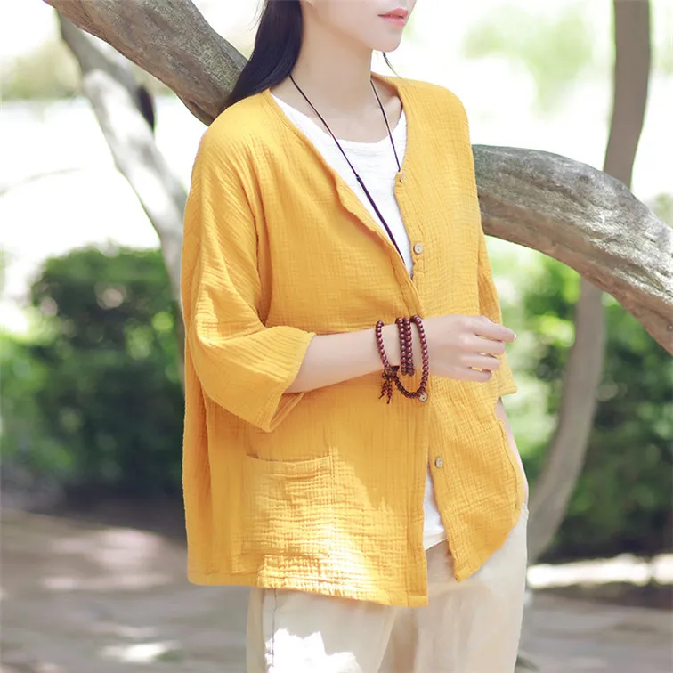 Women Casual Three Quarter Sleeve Cotton Linen Loose Blouse Spring Summer Vintage Shirt Tops Cardigan Camisas Ropa Mujer