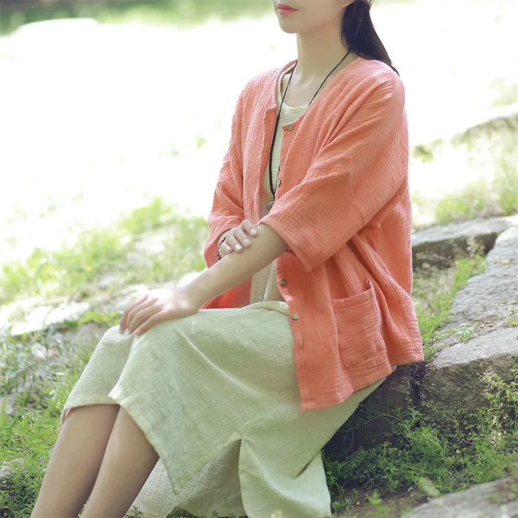 Women Casual Three Quarter Sleeve Cotton Linen Loose Blouse Spring Summer Vintage Shirt Tops Cardigan Camisas Ropa Mujer