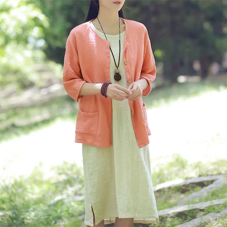 Women Casual Three Quarter Sleeve Cotton Linen Loose Blouse Spring Summer Vintage Shirt Tops Cardigan Camisas Ropa Mujer