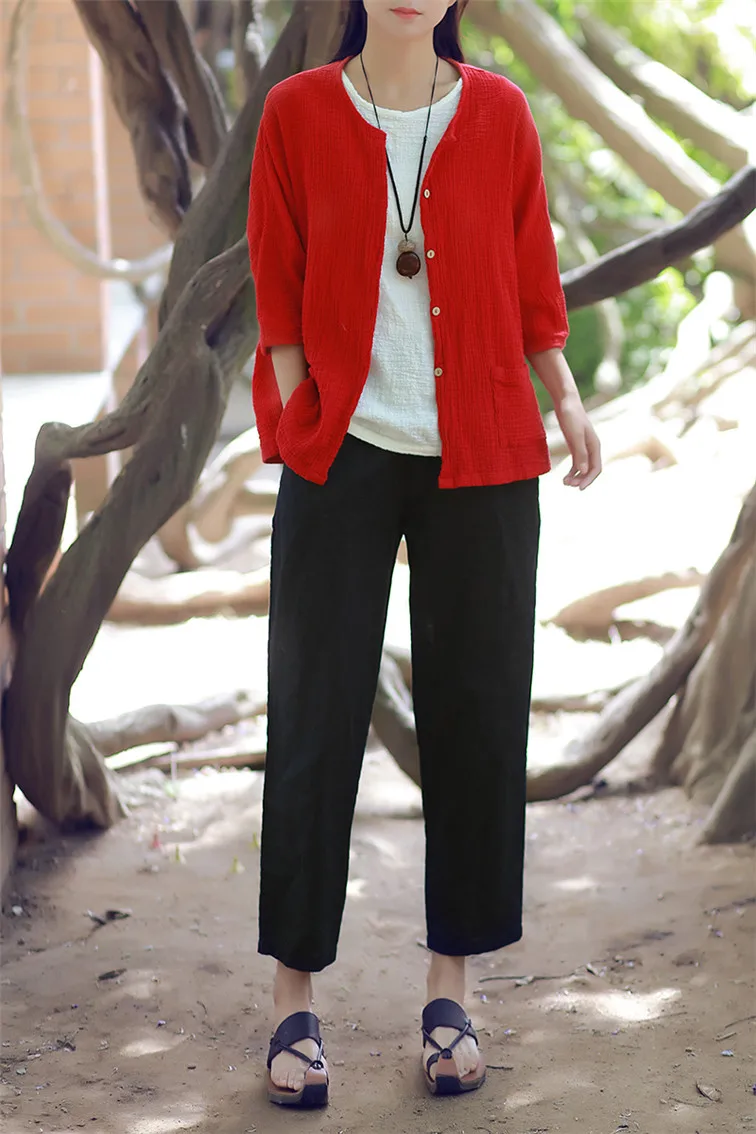 Women Casual Three Quarter Sleeve Cotton Linen Loose Blouse Spring Summer Vintage Shirt Tops Cardigan Camisas Ropa Mujer