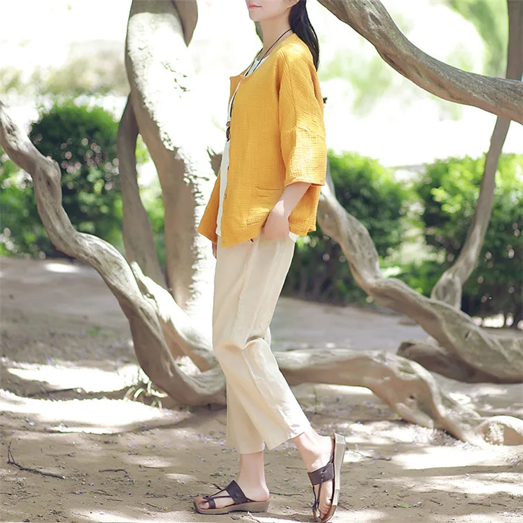 Women Casual Three Quarter Sleeve Cotton Linen Loose Blouse Spring Summer Vintage Shirt Tops Cardigan Camisas Ropa Mujer