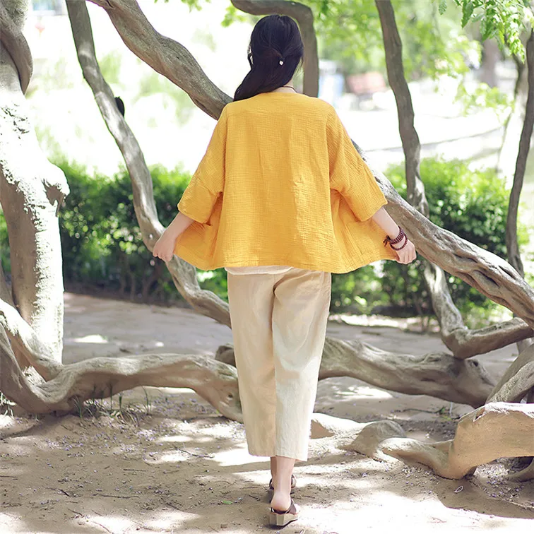 Women Casual Three Quarter Sleeve Cotton Linen Loose Blouse Spring Summer Vintage Shirt Tops Cardigan Camisas Ropa Mujer